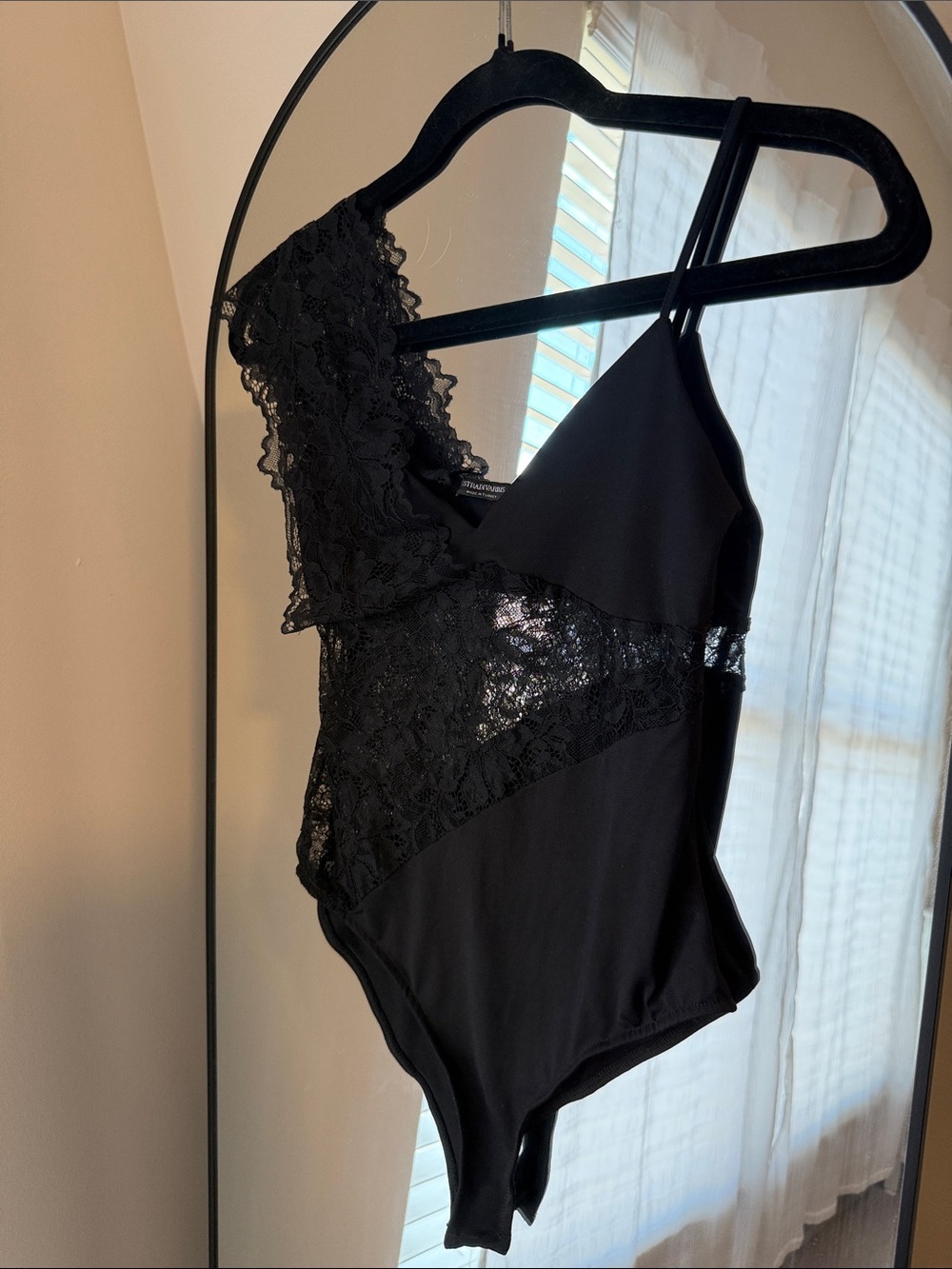 stradivarius Black Lace One-Shoulder Bodysuit